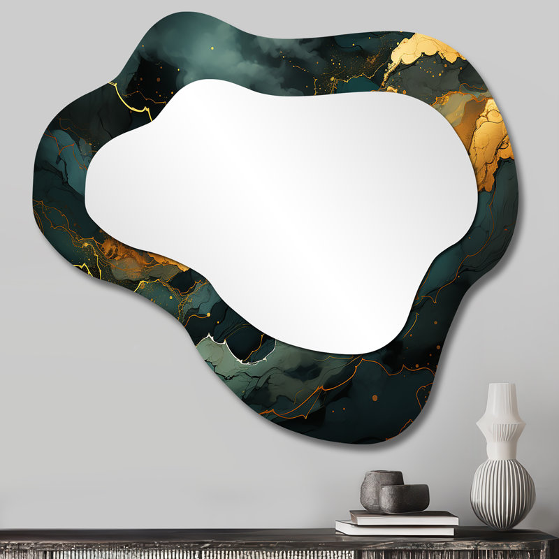 Veura or et marbre vert abstrait Aura III - miroir nuage marbré, miroir mural asymétrique doré unique, impression d'art en métal