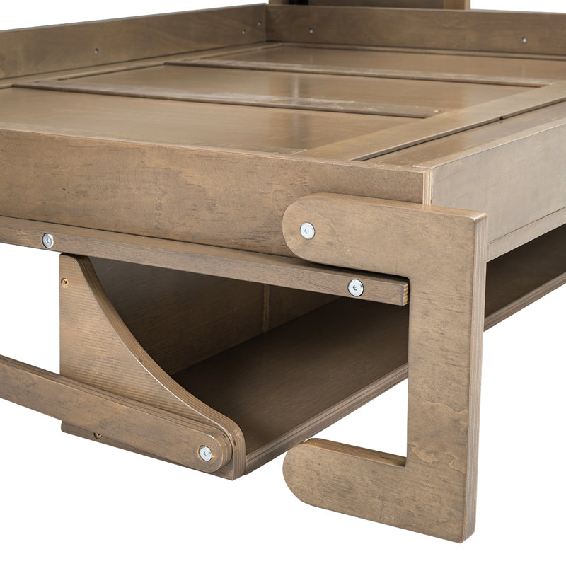 Lit avec garde-robe en bois antique, tiroirs et rangement ouvert