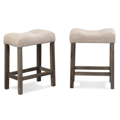 Counter Height Saddle Stool Of 2, Taupe Button With Ergonomic Seat And Footrest, Solid Wood Structure Stools In Taupe, Relaxing Construction