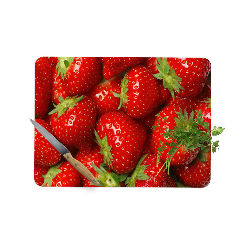 Planche à découper rouge moderne en verre trempé à motif fraise rouge pour la cuisine, 7,9 po x 11,8 po