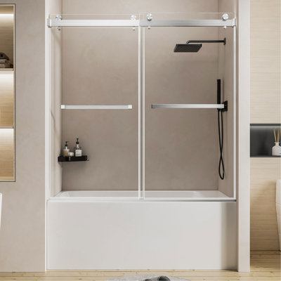 56-60" W x 60" H Frameless Double Sliding Shower Door, Premium 1/4" (6mm) Thick Tempered Glass With Explosion-proof Film, Stainless Steel