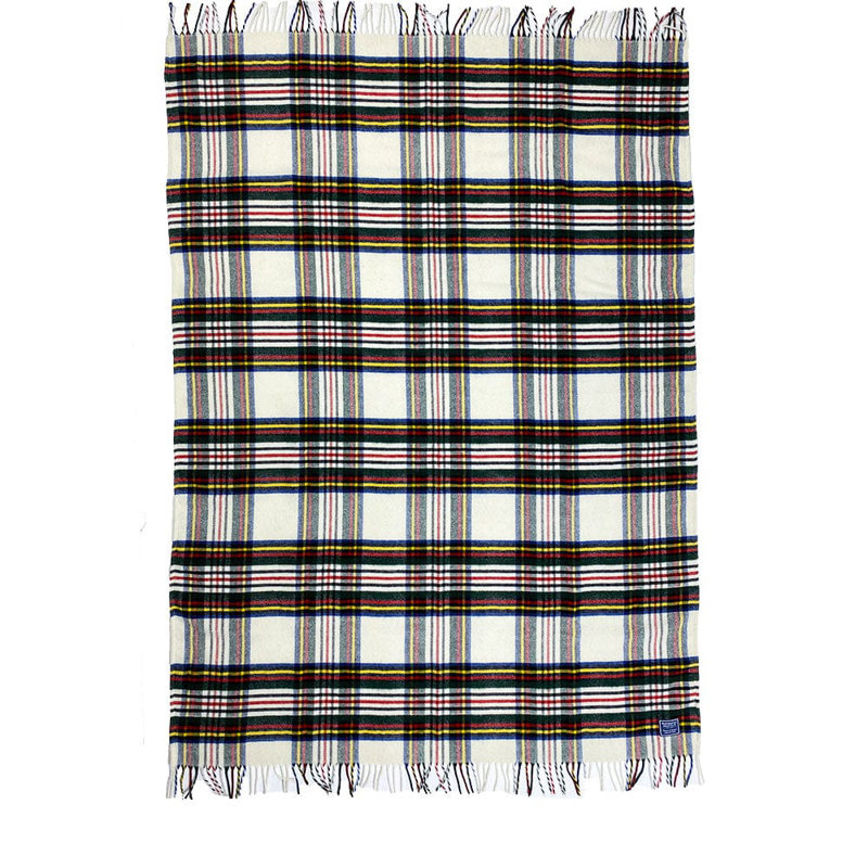 Stewart Plaid Wool Throw Blanket, White/Black/Yellow