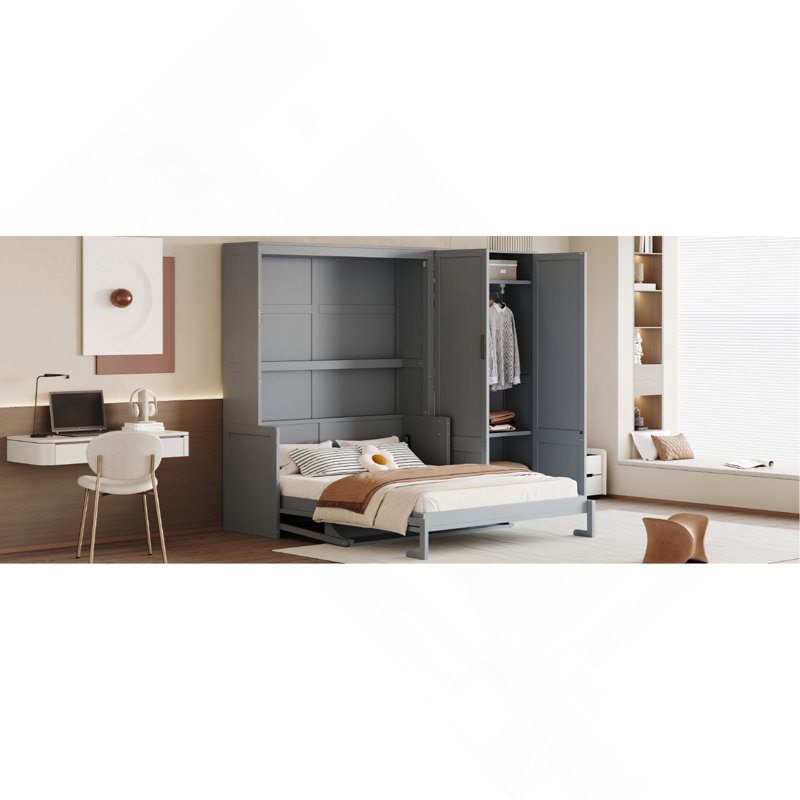 Grand lit escamotable mural avec placard, gris