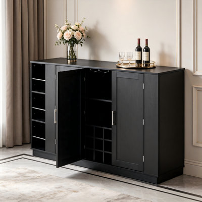 47.2” Foldable Counter Table With Power Outlet, Wine Rack And Enclosed Storage Cabinet.