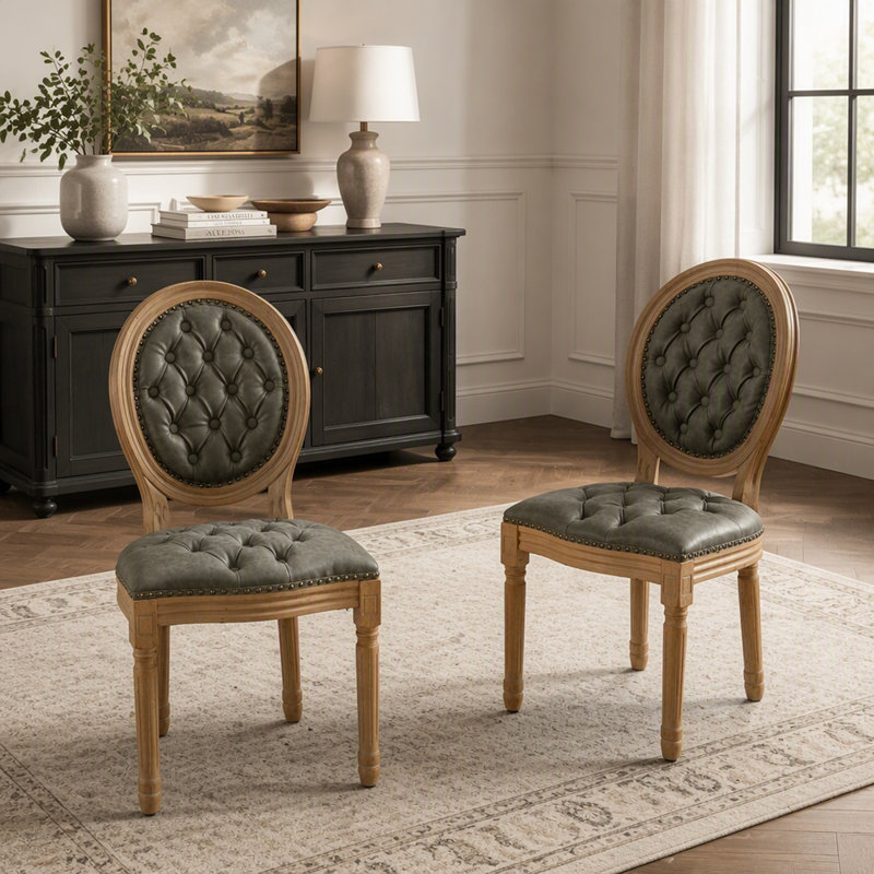Ensemble de 2 chaises de salle à manger en similicuir PU avec garniture cloutée, Polyuréthane vert olive