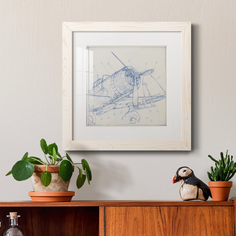 Croquis mécanique d'avion I-Premium, reproduction encadrée - prêt à être accroché, H 35,5 po x l 35,5 po x P 1,5 po, Blanc