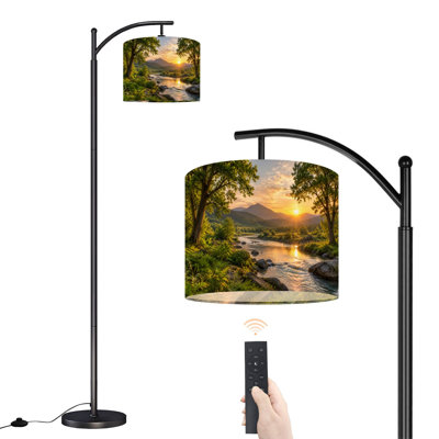 Arc Floor Lamp with Adjustable Lampshade Serene Valley Landscape River Standing Lamp 3 Color Temperatures Dimmable Tall Pole Lamp with Foot Switch for Bedroom