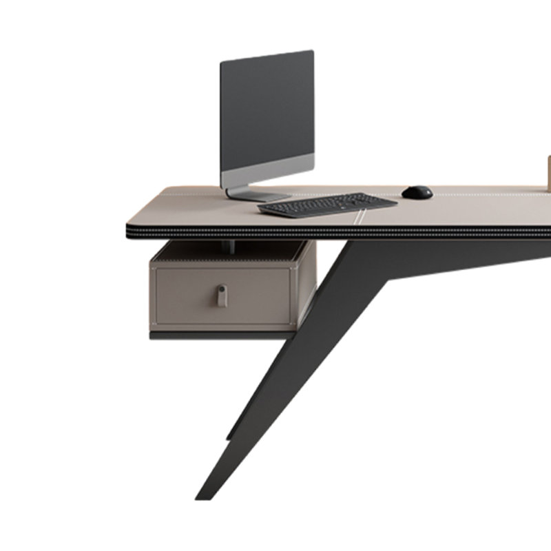 Saddle leather desk,simple study/computer office, 29.53" H x 78.74" W x 27.56" D, Gray/Gray