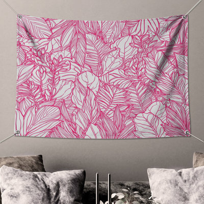Pink Leaf Line Art Wall Tapestry - Leaves Wall Decor