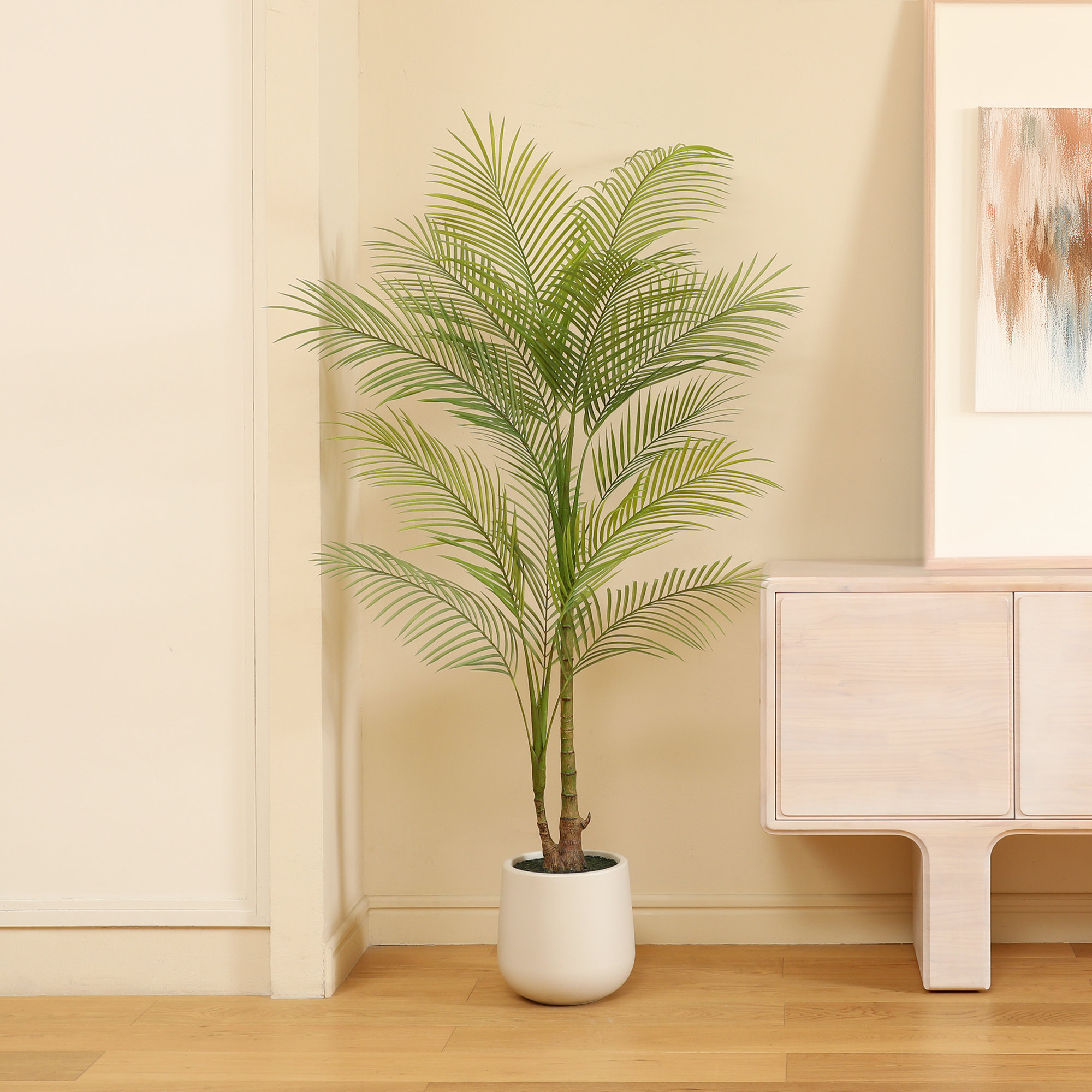 Amarillo Faux Palm Plants with Oval White Planter, Pre Potted Fake Greenry Palm Tree for Home Decor, 72" H x 24" W x 24" D
