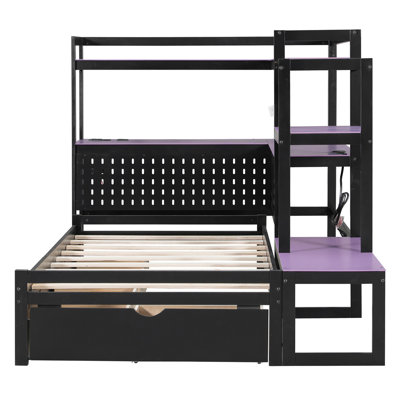 Twin Size Gaming Daybed with Integrated Desk and LED Light, Modern Wooden Bed Frame with 3 Storage Drawers and Built-in Charging Station, Multi-Functional Headboard Bookcase