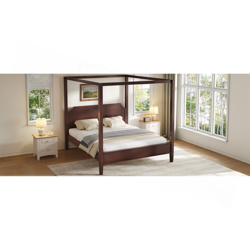 Grand lit plateforme à baldaquin en bois avec tête de lit et pieds de support, noyer