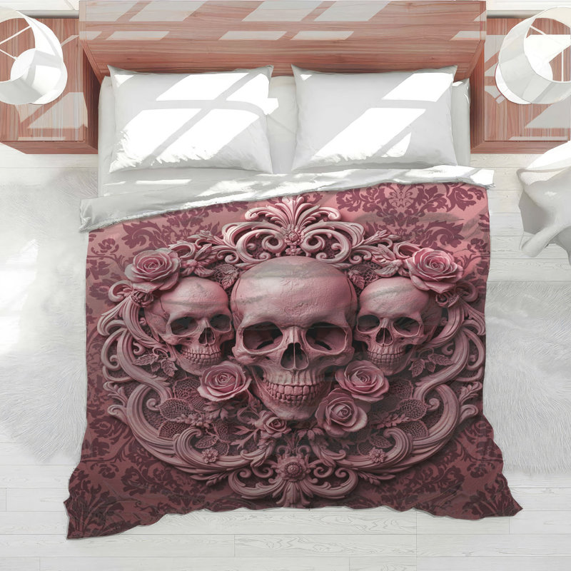 Édredon Skulls With Pink Roses, Lit simple