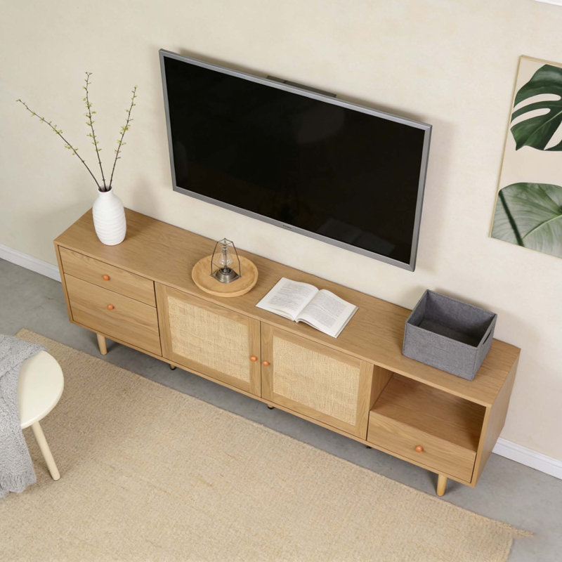 Boho TV Stand for 65, 75, 85 Inch TV, Entertainment Center with Open Storage and Drawers, Wood Media Console with Rattan