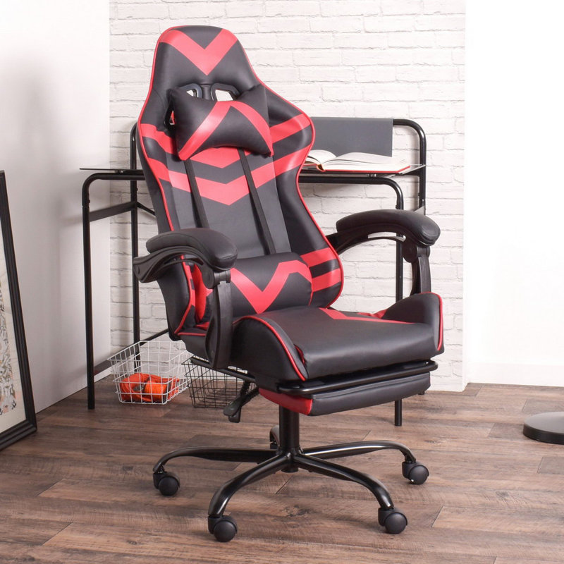 Ebern Designs Brode Adjustable Ergonomic Swiveling PC & Racing Game Chair with Footrest in Black/Red