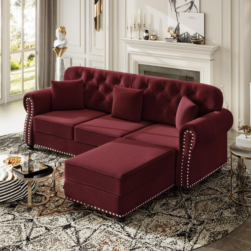 Canapé capitonné en velours 82,6 po Chesterfield, Bourgogne