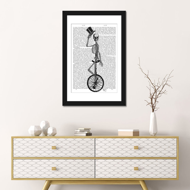 « squelette on unicycle », impression sur toile, H 24 po x l 16 po x P 1 po, Papier avec cadre noir, Blanc
