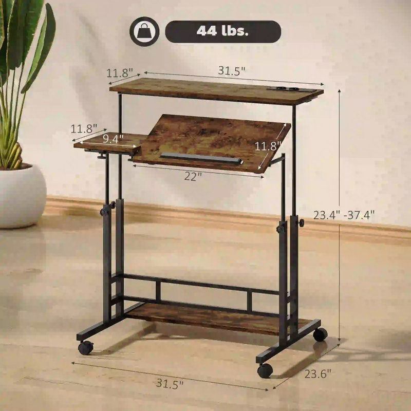 Bureau debout ajustable avec plateau inclinable, roulettes et tablette