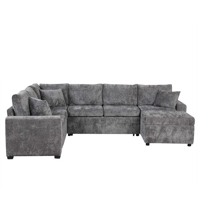 Canapé modulaire de 112,2 pouces avec lit escamotable, repose-pieds avec rangement, trois coussins et dispositifs de chargement pour le salon