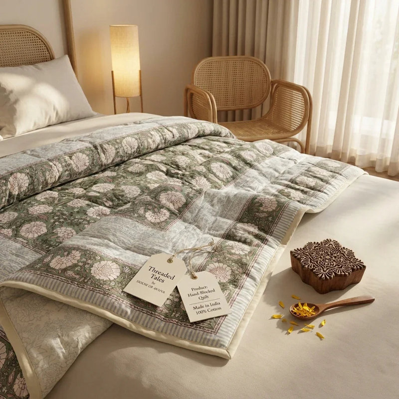 House of Avana Cream & Rose Pink Botanical Floral Jaipur Indian Hand Block Print Quilted Comforter, Queen