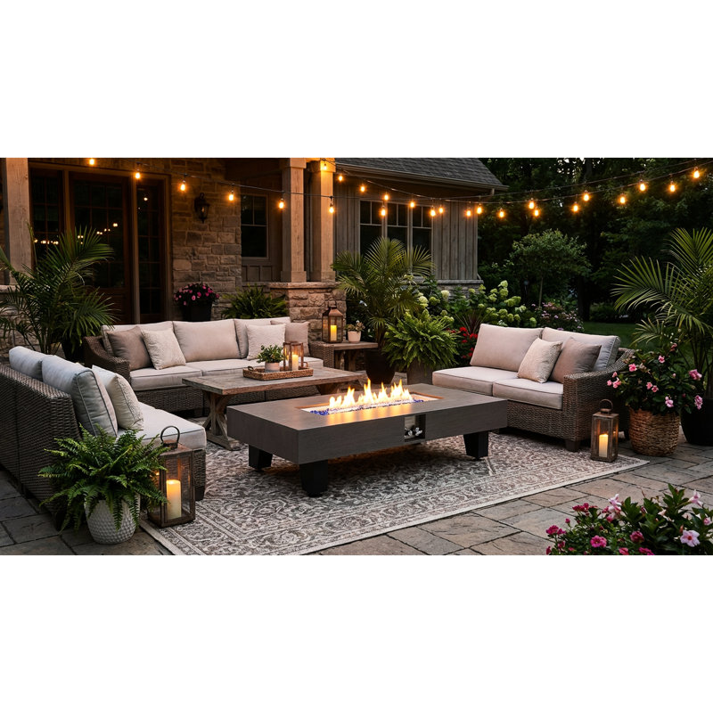 54 Inch Outdoor Gas Fire Pit With Rain Cover, 50000Btu Patio Table, Rectangular Heater, Walnut Wood Finish, Low - Maintenance And Easy Installation Simple Knob Control, Accommodates 5 6 People