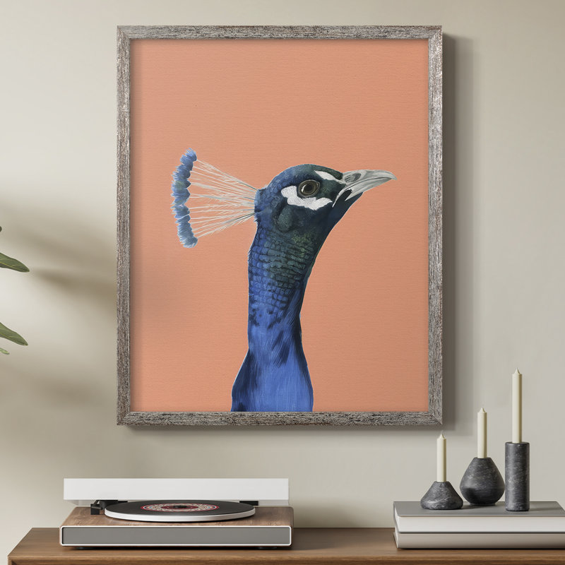 «Peach Peacock Portrait I», reproduction encadrée - bois massif, H 21 po x l 17 po