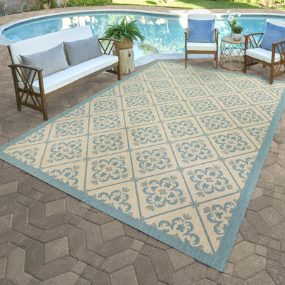 Paseo Gralf Oasis Blue/Beige Transitional Checkered Medallion Indoor/Outdoor Flatweave Area