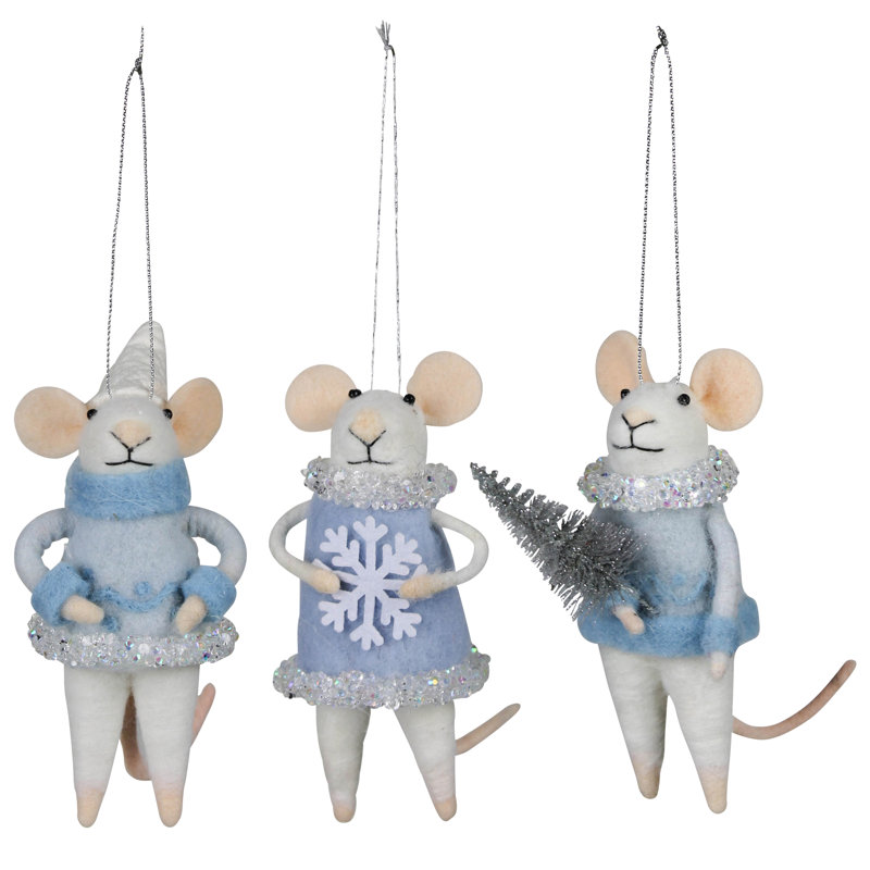 Ornements en forme de souris d'hiver, feutre, ensemble / 3 poids individuel 0,6 oz