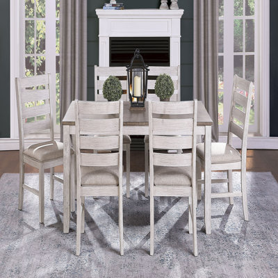 White and Brown Finish Casual Dining Room Furniture 7pc Dining Set Rectangular Wooden Table and 6x Side Chairs Fabric Upholstered Seat