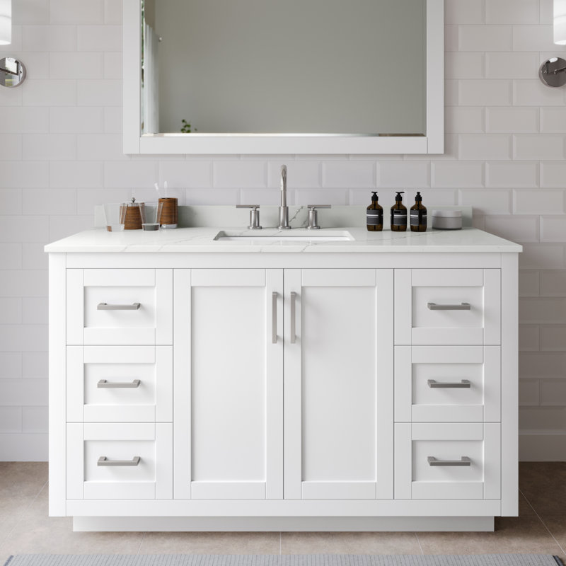 Miranda 54" Freestanding Single Bathroom Vanity with Quartz Top, Brushed Nickel, White, Giotto Quartz