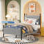 Cadre de lit simple avec tête de lit à rayures verticales, revêtement en velours côtelé, pieds en métal de style vintage, sommier non requis, montage facile, gris-1789611982
