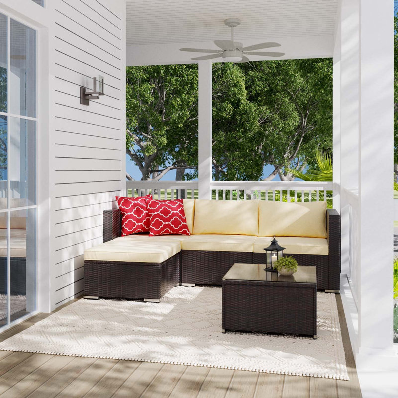 Lockney Modern 4-Person Outdoor Patio Set with Cushions, UV & Rust-Resistant Wicker Frame, Beige