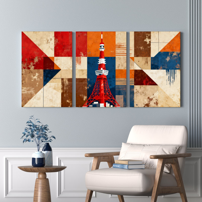 Tableau abstrait géométrique sur toile tendue représentant la tour de Tokyo (lot de 3), H 18 po x l 36 po