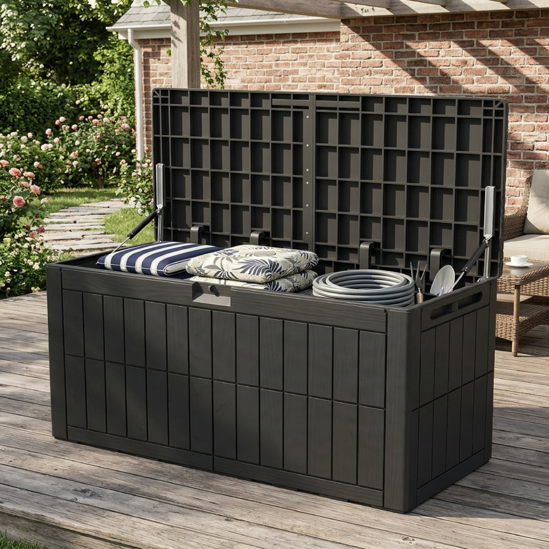 Coffre de jardin verrouillable en résine résistante à l'eau, d'une capacité de 100 gallons (environ 378 litres), idéal pour ranger coussins de terrasse, jouets de piscine et outils de jardin.