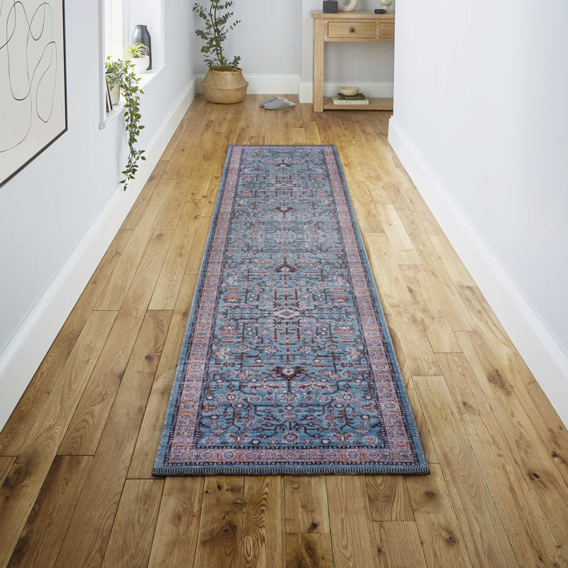 Sarok All-Over Persian Machine-Washable Blue/Red/Brown Rug, Runner 2' x 8'