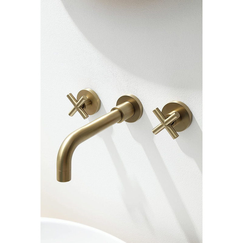 Solid Brass Bathroom Faucet Wall Mount - Brushed Gold, , 2 Handles Gold Brass, 7-Inch Spout Reach,, Brushed Gold