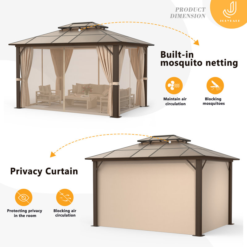 12 Ft. W x 10 Ft. D Outdoor Gazebo with Double Roof Canopy, Permanent Pavilion with Netting and Curtains for Lawn, Garden, Patio