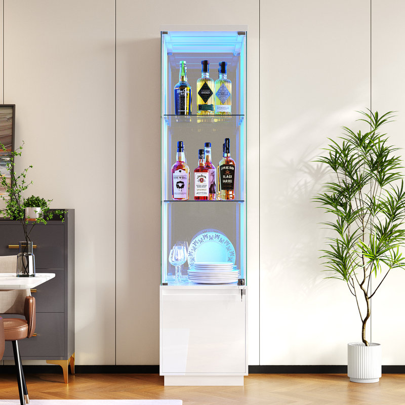 Wine Cabinets, Glass Display Cabinet With 3 Colour Led Light, White