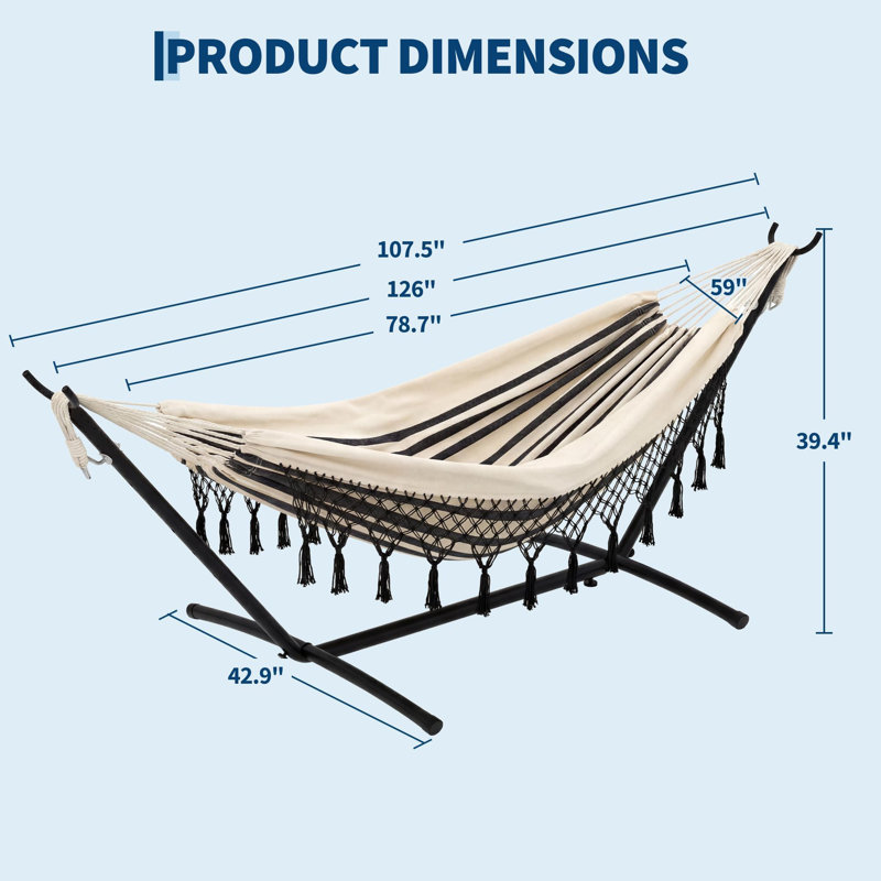 Hamac double Boho avec support - lit en coton pour 2 personnes, structure en acier, rayures gris-blanc avec frange noire et pampilles - capacité de 450 lb, portable