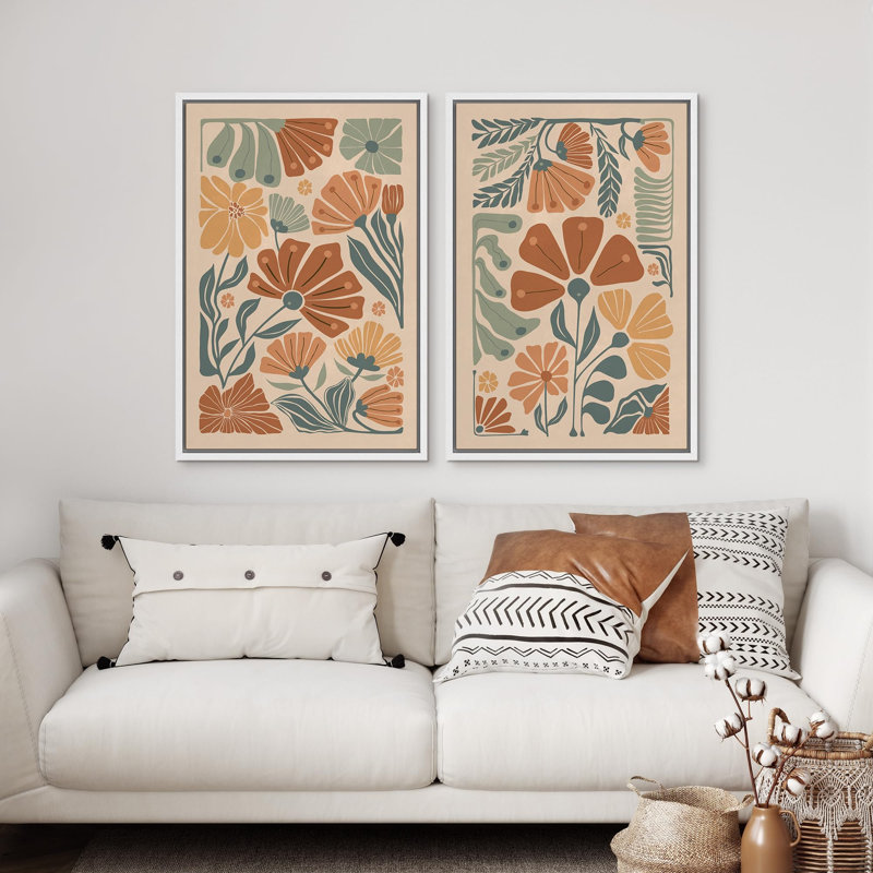 Botanical Charm Floral Designs In Earth Tones, art moderne, décoration murale, nature nordique, 2 pièces, Blanc