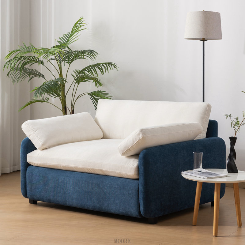 Fauteuil surdimensionné simple en chenille, fauteuil d'appoint large et profond, Bleu / crème chenille