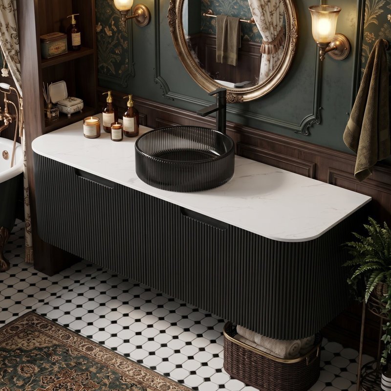 Wall Mounted Single Vanity Bathroom Vanity With Engineered Marble Top, Black