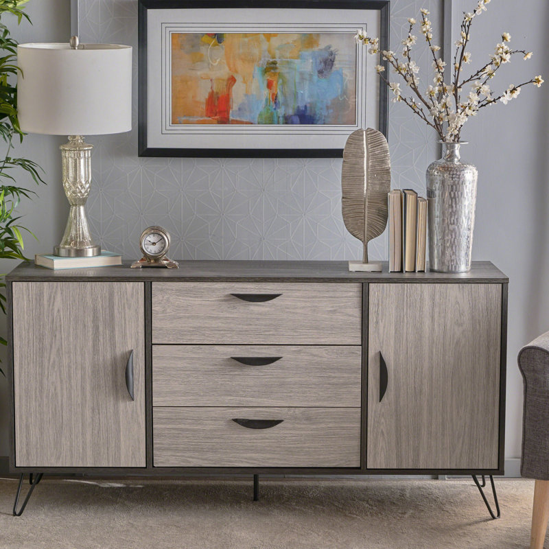 Armoire de rangement multifonctionnelle grise - deux armoires et trois tiroirs en chêne avec pieds en épingle à cheveux x P 15,91 po x H 29,39 po x l 60,5 po