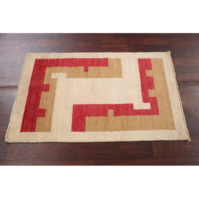 Tapis ivoire en laine noué à la main de conception unique 2 pi 8 po x 4 pi 3 po O'Regan