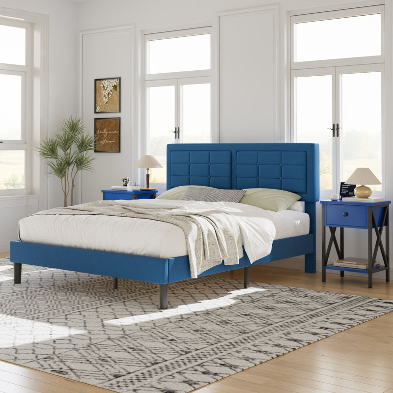 Ensemble de chambre à coucher 3 pièces, cadre de lit plateforme tapissier avec tête de lit réglable + 2 tables de chevet, lit en tissu de lin avec support en lattes de bois, aucun sommier nécessaire, ensemble de mobilier de chambre à coucher moderne