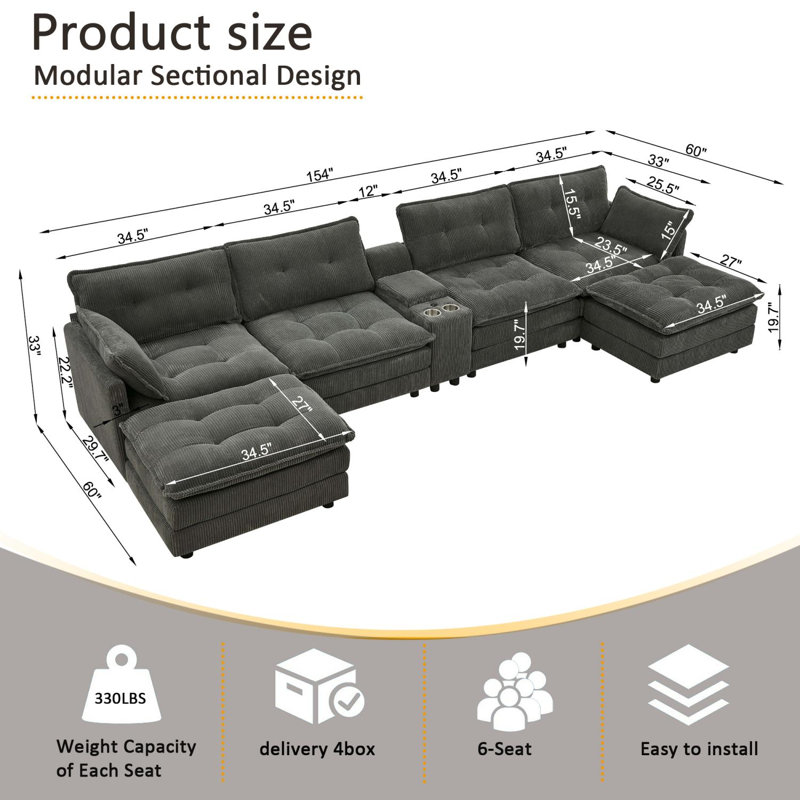 Canapé modulaire en U modulaire avec repose-pieds et ports USB, Gris
