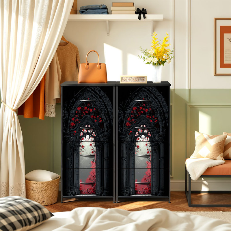 Commode à 4 tiroirs avec rangement vertical et victorienne gothique en marbre, cathédrale, roses, cramoisi et brouillard avec tiroirs en bois