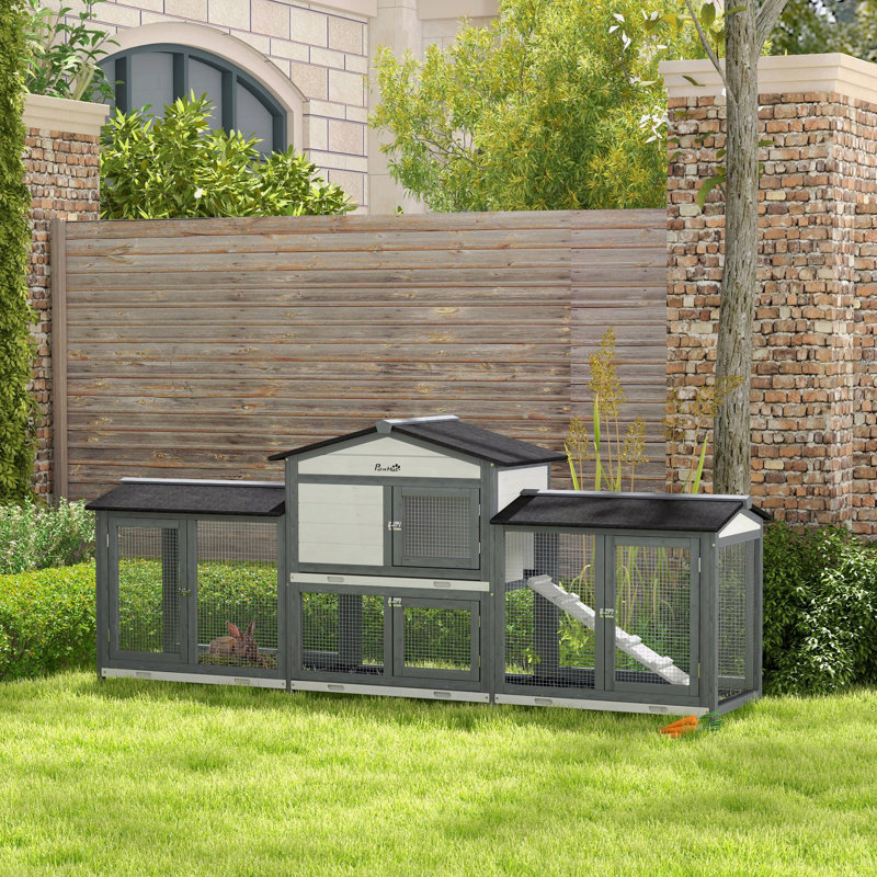 Enclos 90,5 po en bois avec cage à lapin et cage à lapins, Gris