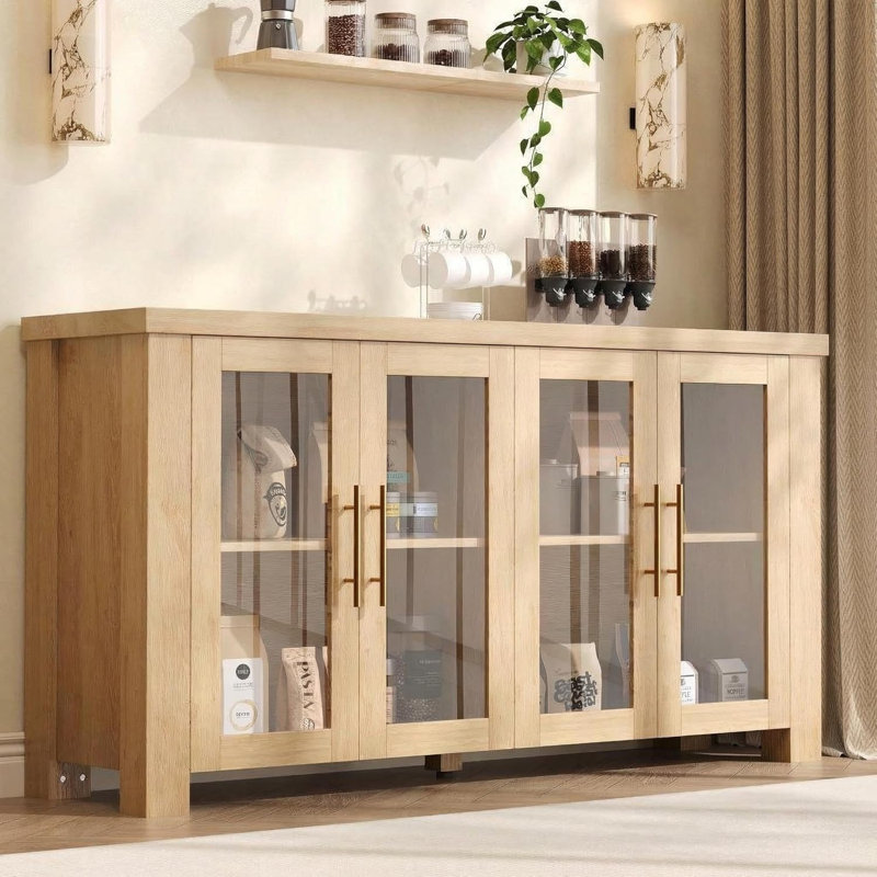 Buffet avec portes en verre trempé, crédence de 31,5 à 59 po pour le salon et la salle à manger, Beige