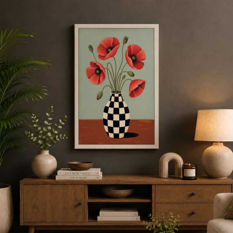 Poppies in Checkered Vase Boho 1 Piece Wrapped Canvas Wall Art, 24x16 - 61.0 x 40.6 cm, Ochre Border